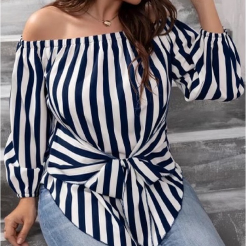 SHEIN Curve off shoulder/Front Tie/Striped Blouse/ Size 1X